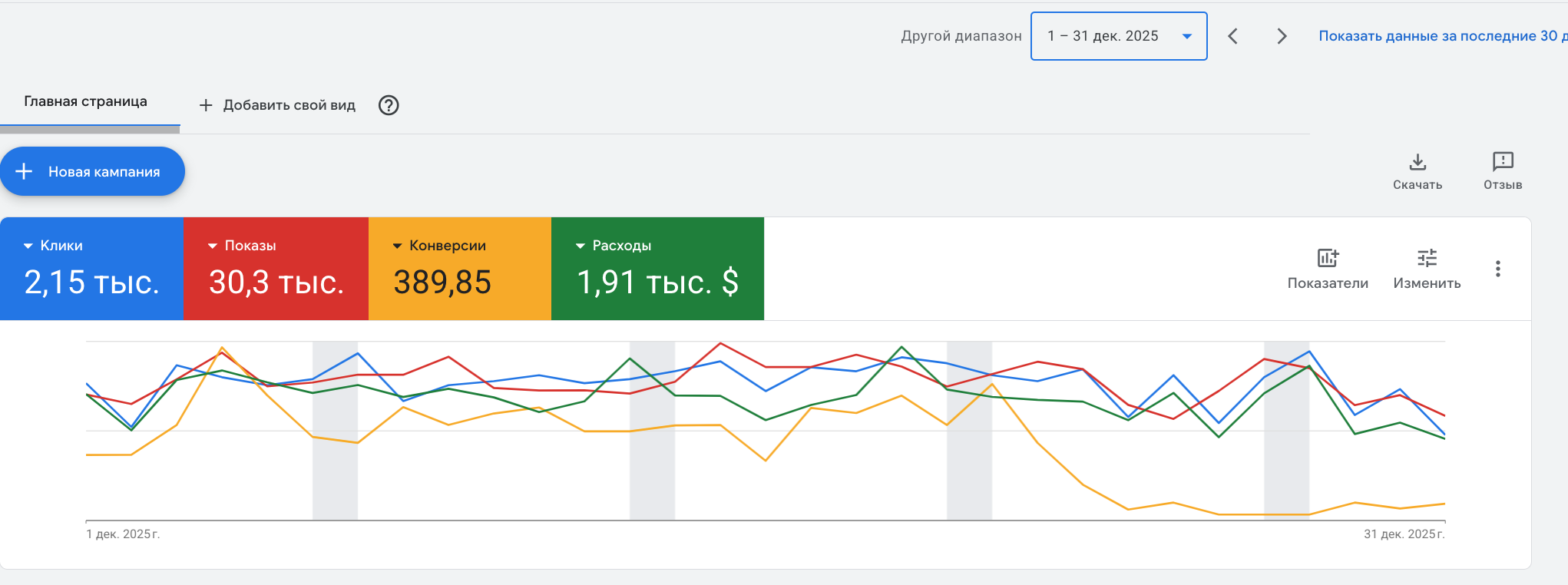 Screenshot of a Google Ads dashboard showing key metrics such as clicks, impressions, conversions, and expenses for December 2025, with a line graph below.