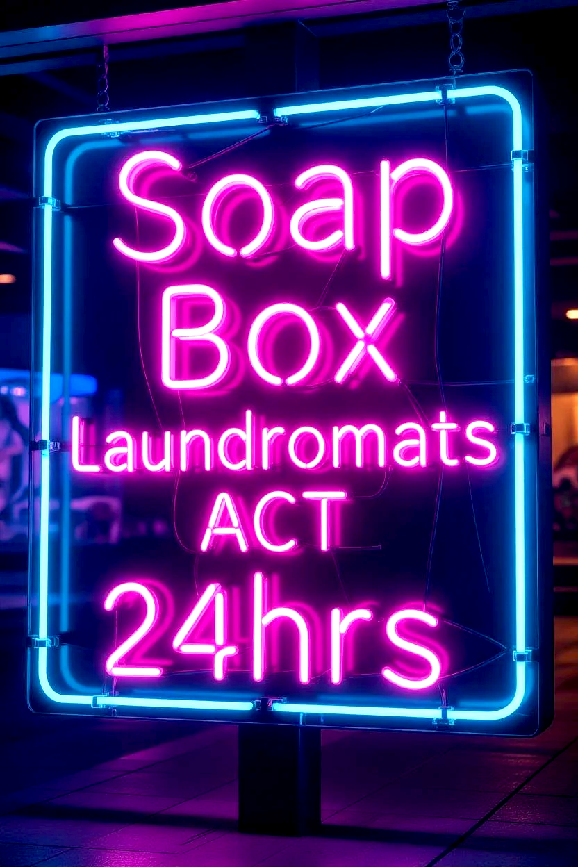 Neon sign advertising a 24-hour soap box laundromat with services available.