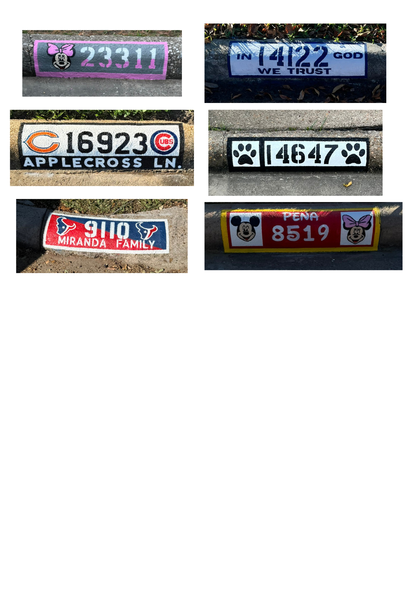 Collection of six painted street curbs with various numbers, symbols, and themes including Mickey Mouse, Chicago Cubs, paw prints, and Mickey Mouse and Minnie Mouse faces.