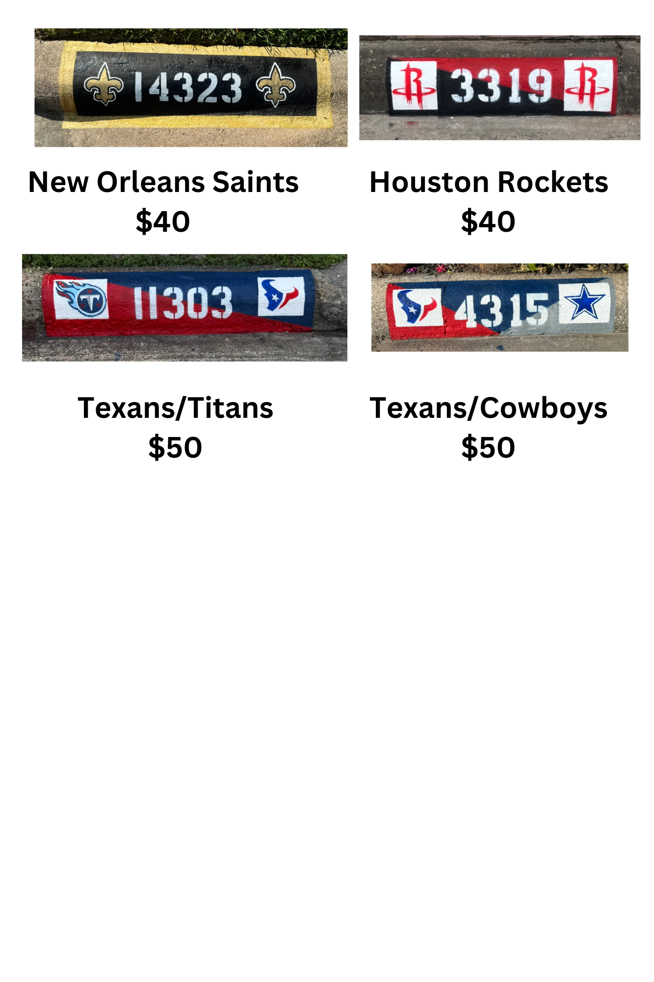 Four painted curb markers with team logos and numbers, labeled with team names and prices.