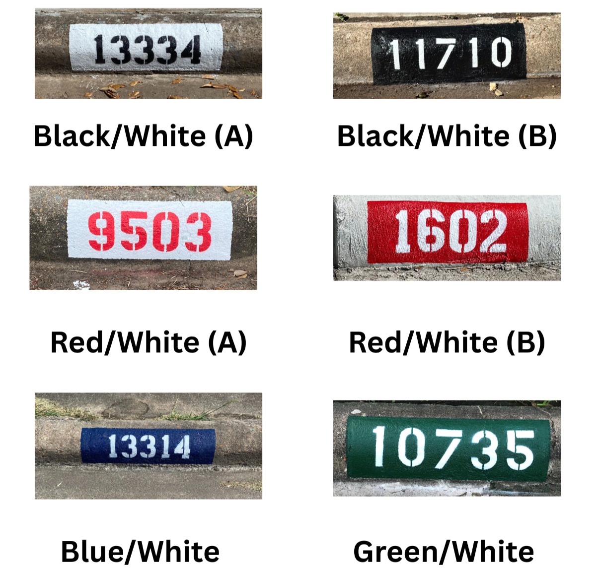 Collection of painted curb address numbers in various colors and styles, including black/white, red/white, blue/white, and green/white.