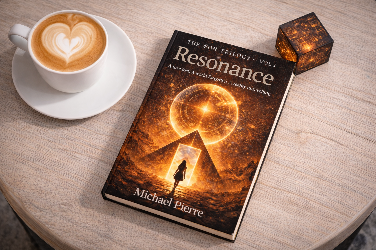 A cup of coffee with latte art on a saucer, a book titled 'Resonance' by Michael Pierre, and a small decorative cube on a wooden table.