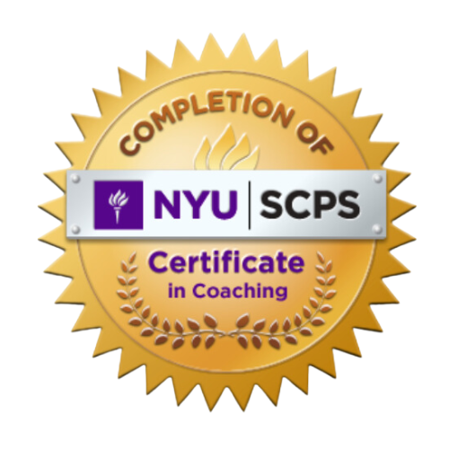 Gold seal badge indicating completion of a coaching certificate from NYU SCPS