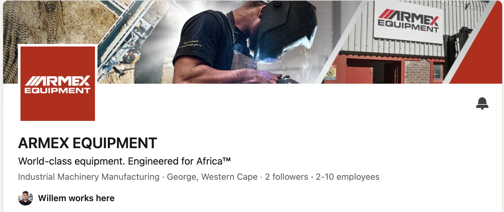 A LinkedIn profile page for ARMEX EQUIPMENT, showing a banner with images of industrial equipment and workers. The profile includes the company logo, name, description, location in George, Western Cape, and employee details. The profile owner is Willem.