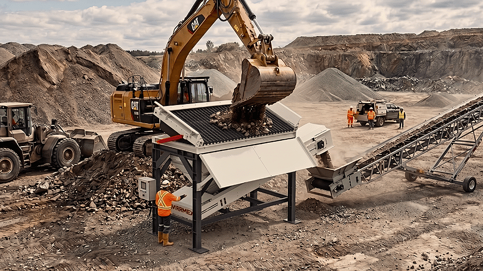 Large yellow excavator with a Caterpillar logo loads rocks into a crusher at a construction site. Several workers in orange safety vests and helmets observe, with trucks nearby and a rocky landscape in the background.