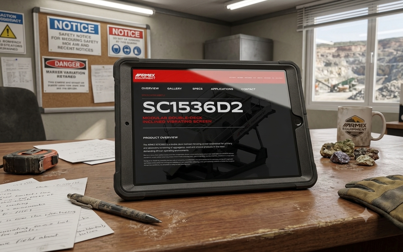 Table with a tablet displaying product information, papers, a pen, a safety glove, rocks, a mug, and safety signs in the background.
