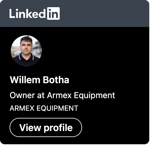 LinkedIn profile preview showing a man's profile picture, name Willeim Botha, owner at Armex Equipment, with a 'View profile' button.