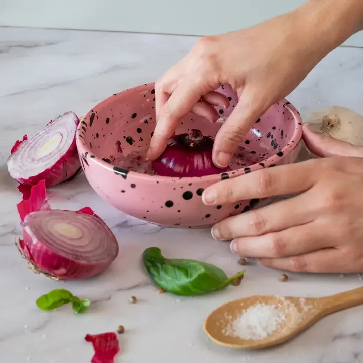 Ceramic Garlic Grater Plate : Medium Pink & Black Cosmic onion.webp