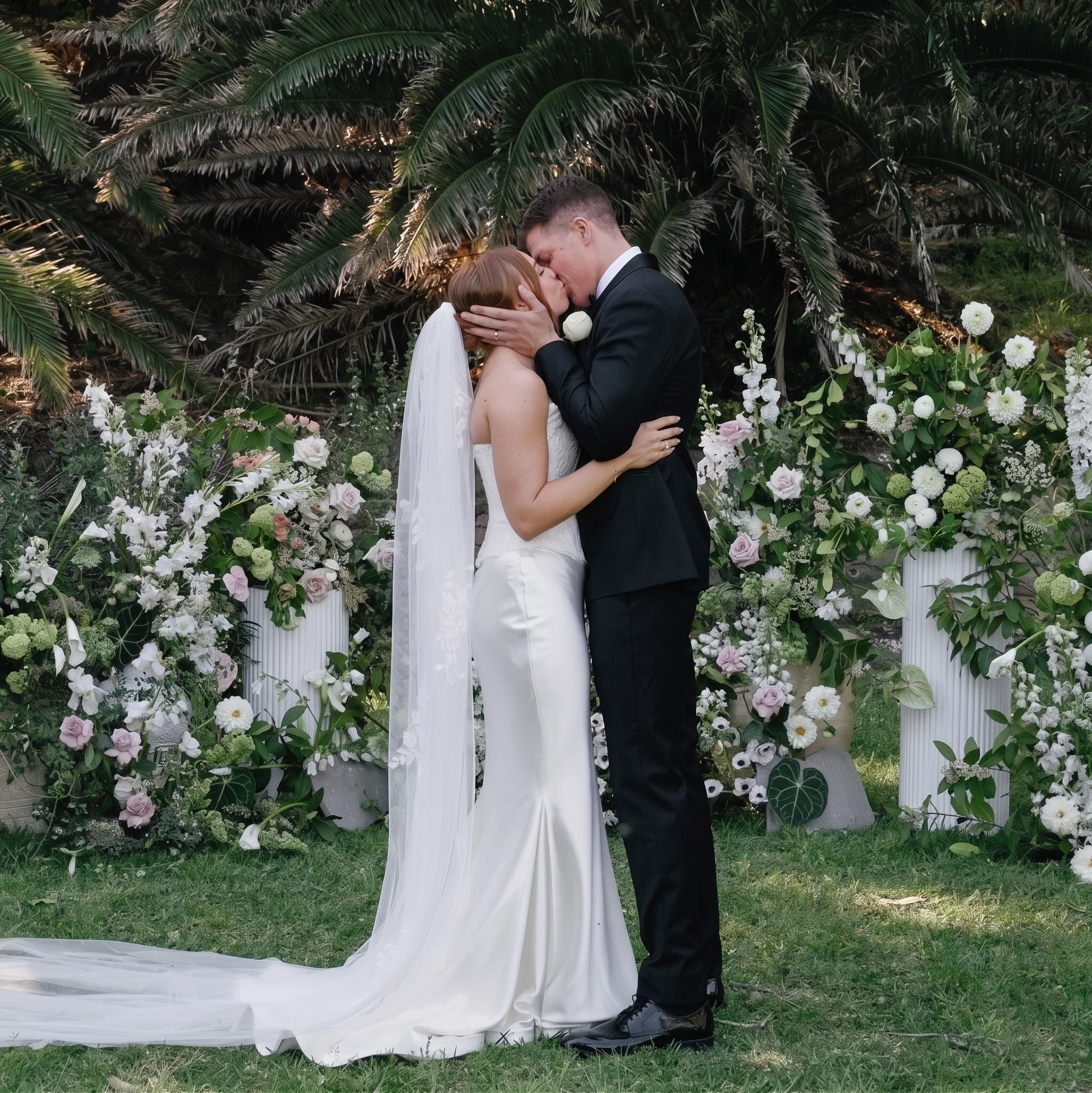 A couple sharing a kiss at a wedding outdoors, surrounded by green foliage and white flowers.