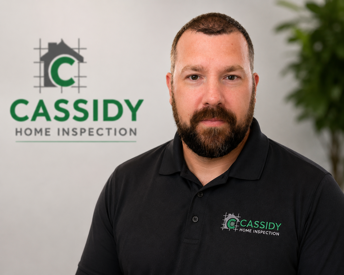 A man with a beard and short hair wearing a black polo shirt with the company logo, standing in front of a wall with the 'Cassidy Home Inspection' logo on it.
