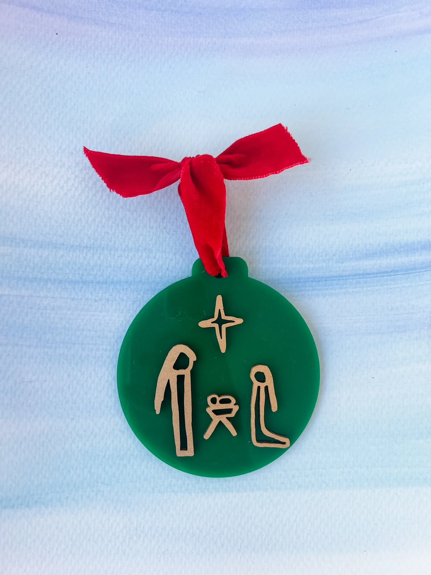 Hand-Drawn Nativity Ornament- Green
