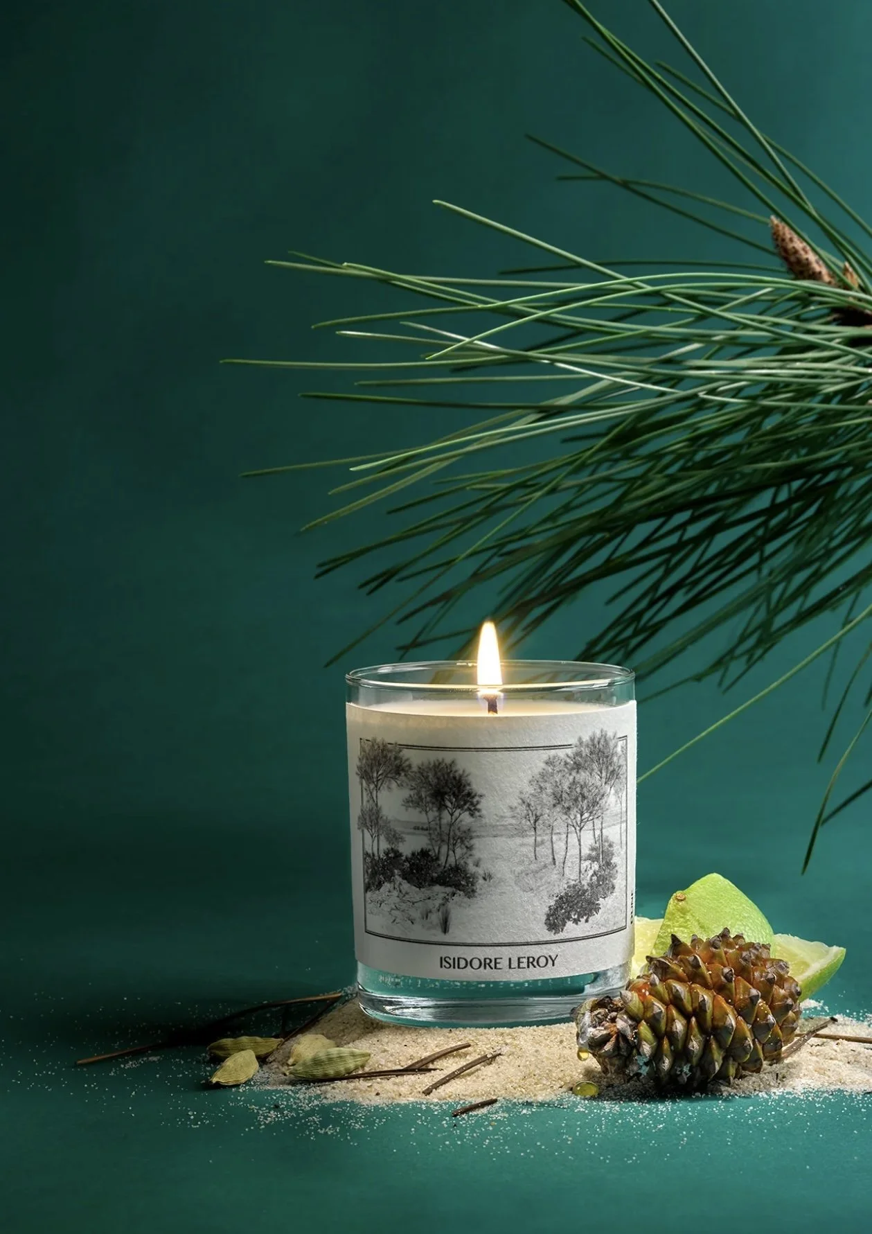 Bougie parfumée allumée dans un verre avec étiquette illustrant des arbres, entourée de plantes, d'une tranche de citron vert, d'une pomme de pin, de sable et de feuilles, contre un fond vert.