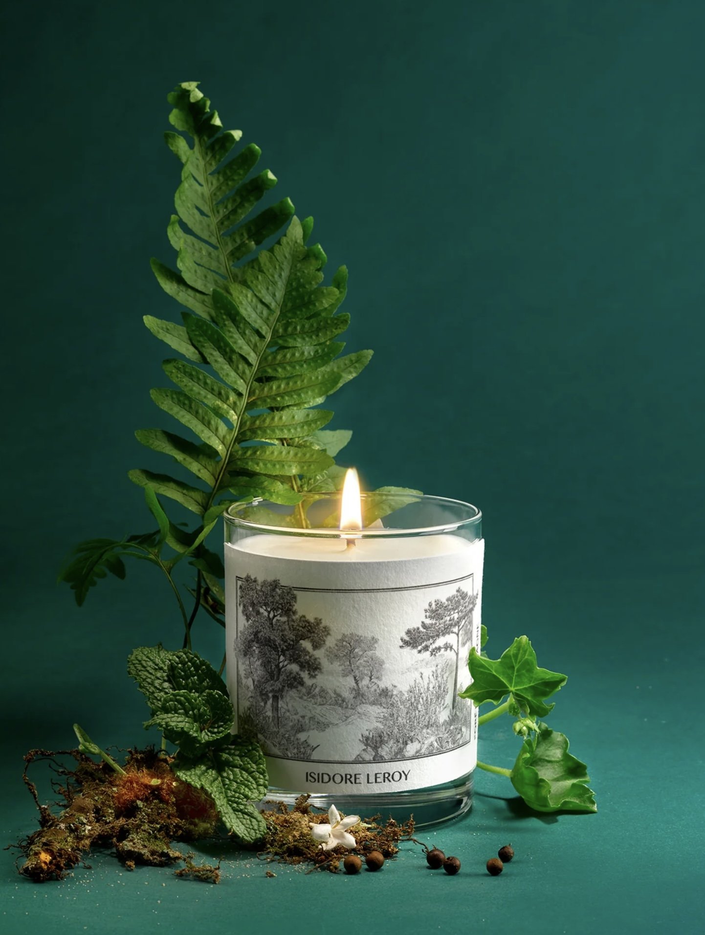Bougie parfumée blanche avec illustration botanique et l'inscription 'Isidore Leroy', entourée de plantes et de mousse, allumée avec une flamme
