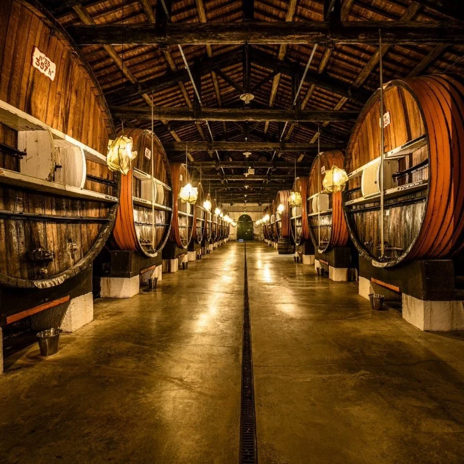 Caves de vinification en fûts de bois dans une cave à vin.