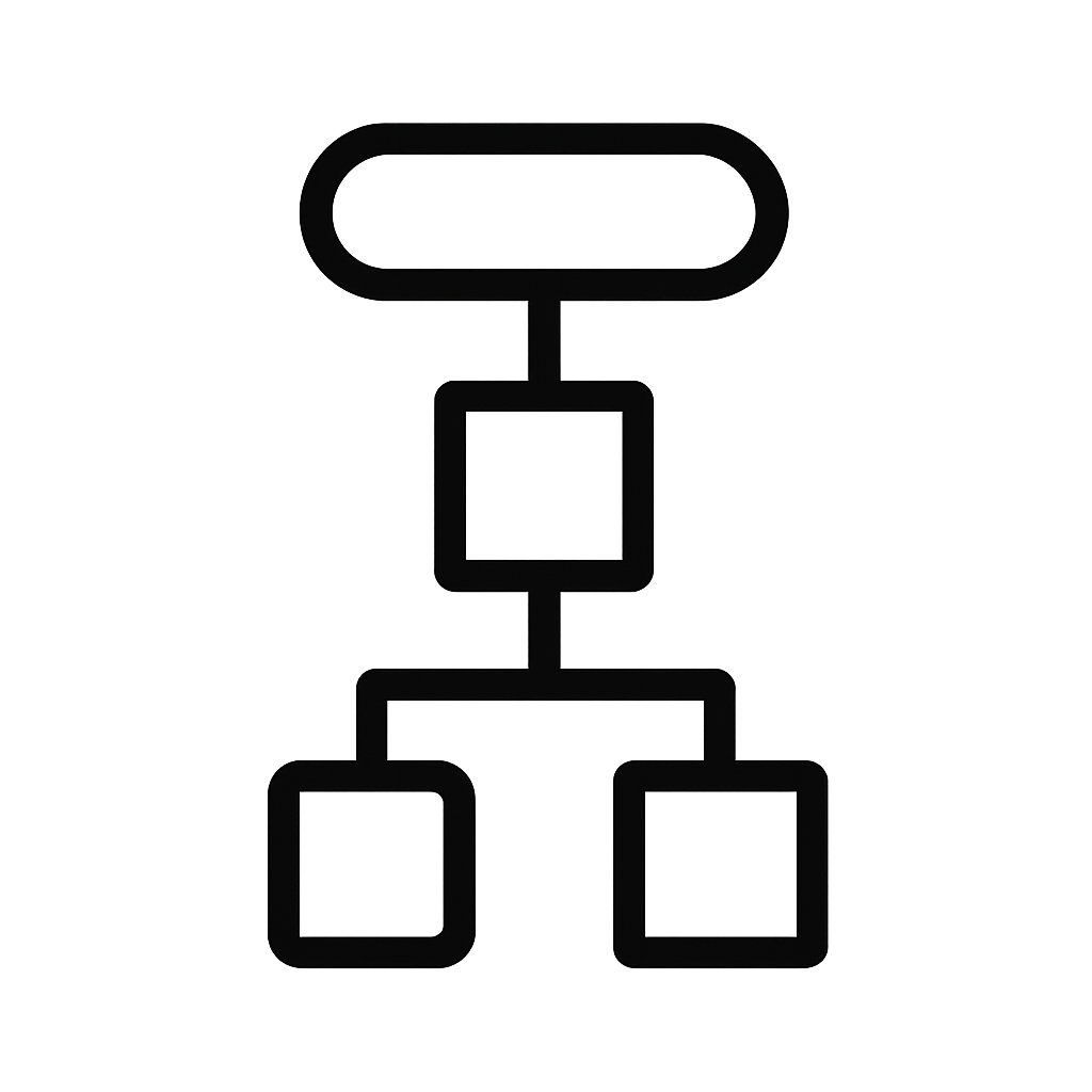 Outline of a hierarchical diagram or flowchart with one oval at the top, a rectangle in the middle, and two squares at the bottom.