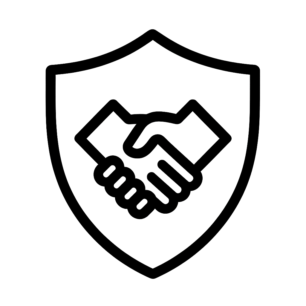 A shield with a handshake icon in the center, representing protection or security.