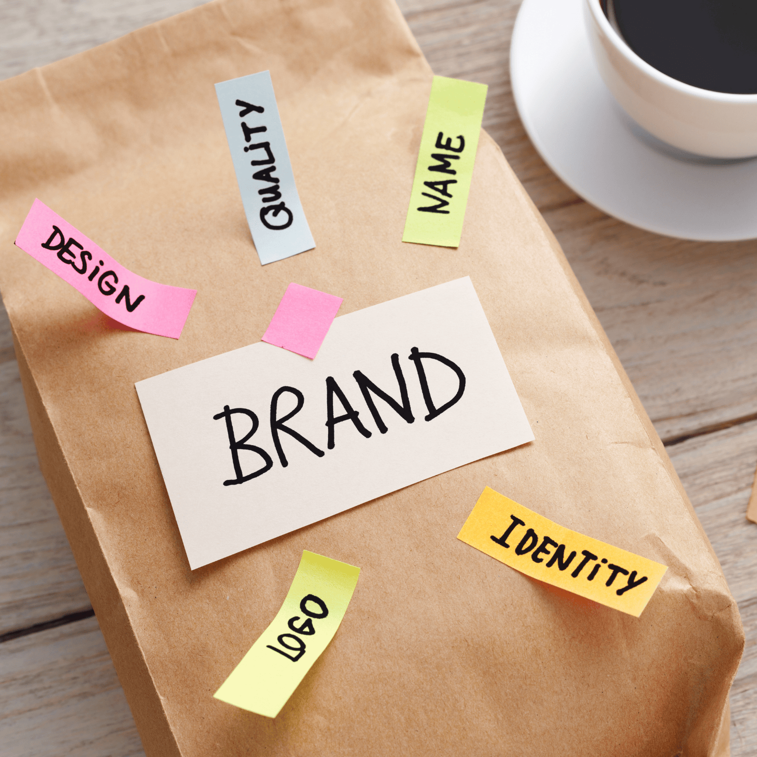 Brown paper-wrapped package with colorful sticky notes labeled 'Design,' 'Quality,' 'Name,' 'Logo,' 'Identity,' and 'Brand' on a wooden surface, with a cup of black coffee in the background.