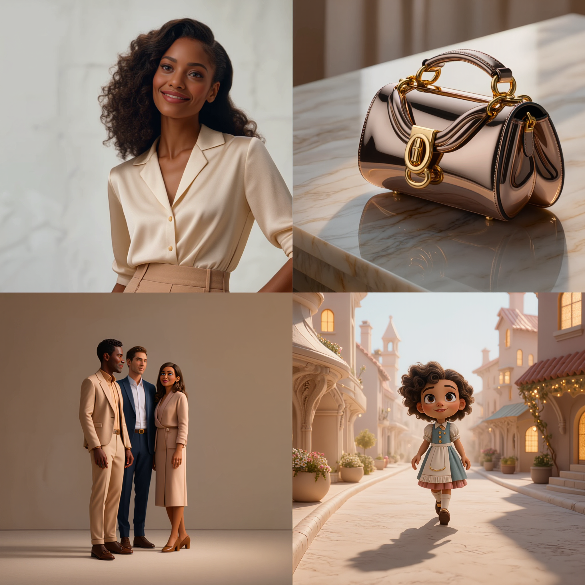 A collage of four images: a woman with curly hair wearing a cream satin blouse, a shiny metallic handbag on a marble surface, three well-dressed people standing together against a neutral background, and a animated girl with curly hair walking in a quaint, fairy-tale town street.