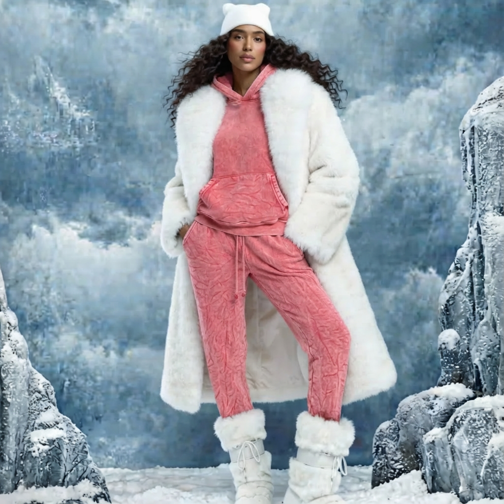 Woman in winter clothing standing in a snowy icy landscape with rocks and ice formations.