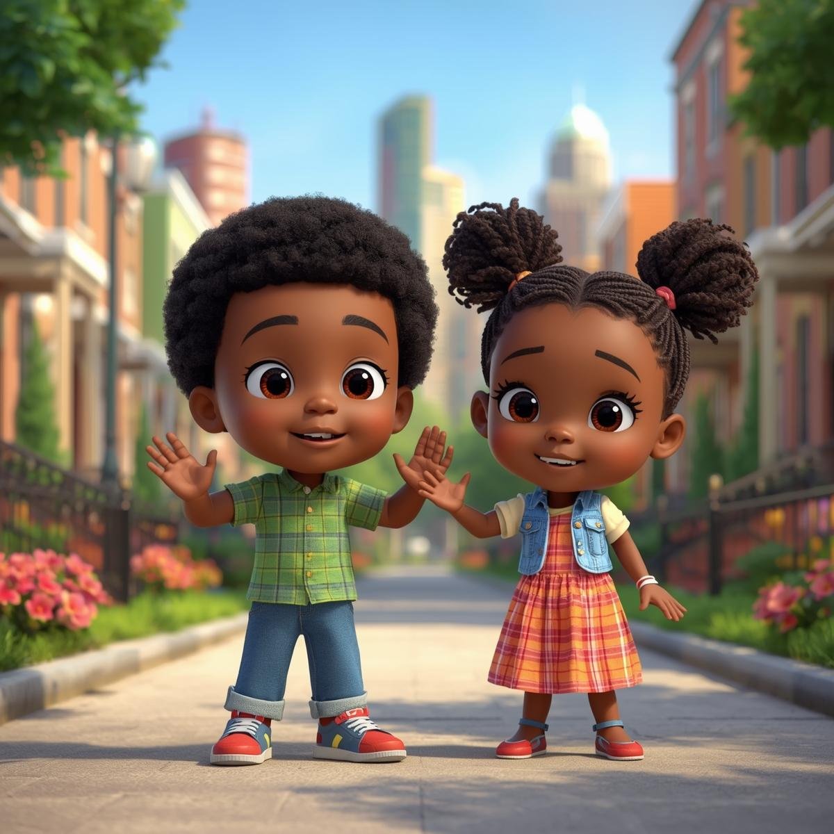 Two animated children, a boy and a girl, high-fiving on a city street with colorful buildings and flowers in the background.