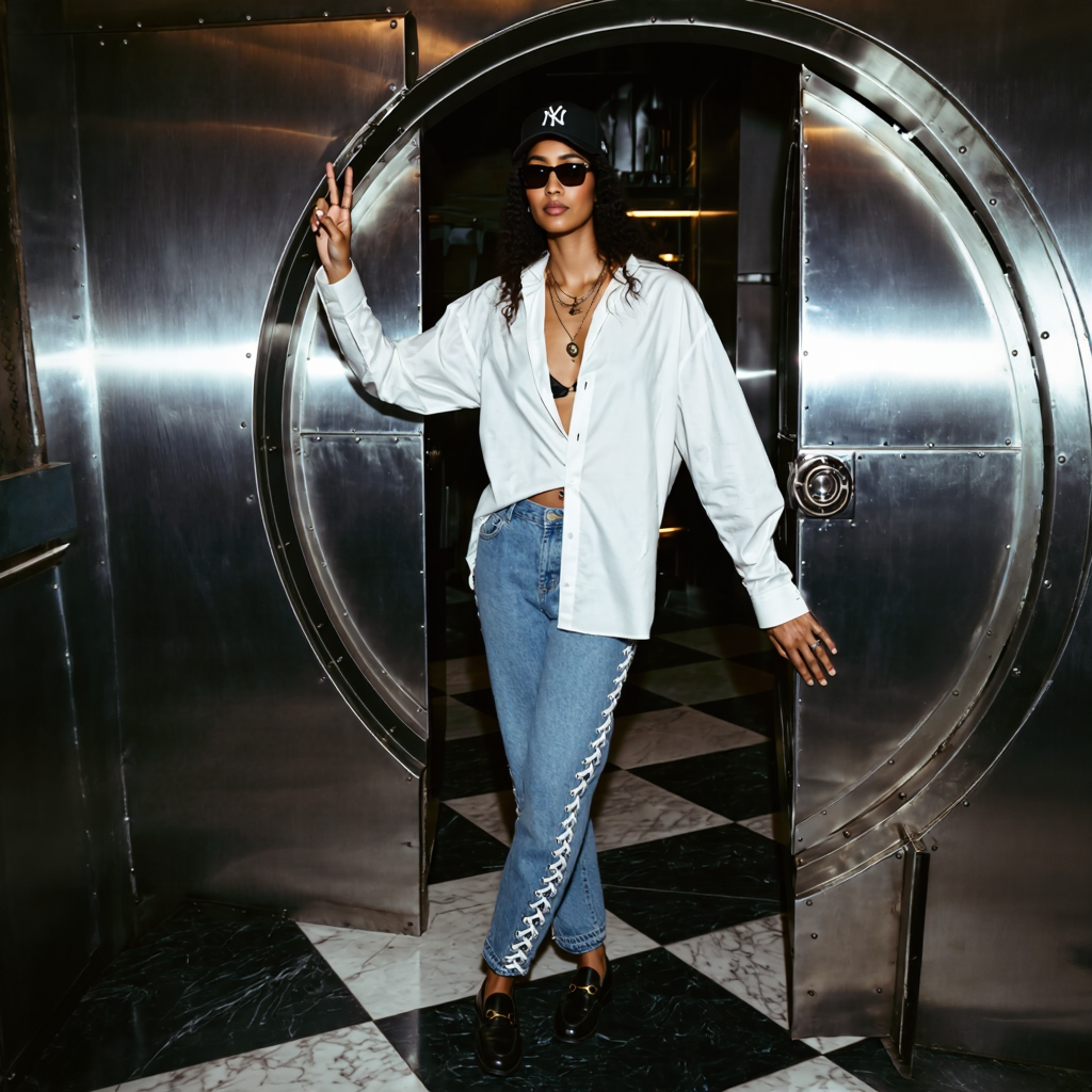 A woman wearing a white shirt, black bralette, blue jeans with lace-up details, black loafers, black sunglasses, a black New York Yankees cap, and layered necklaces, standing in front of a large metallic bank vault door.