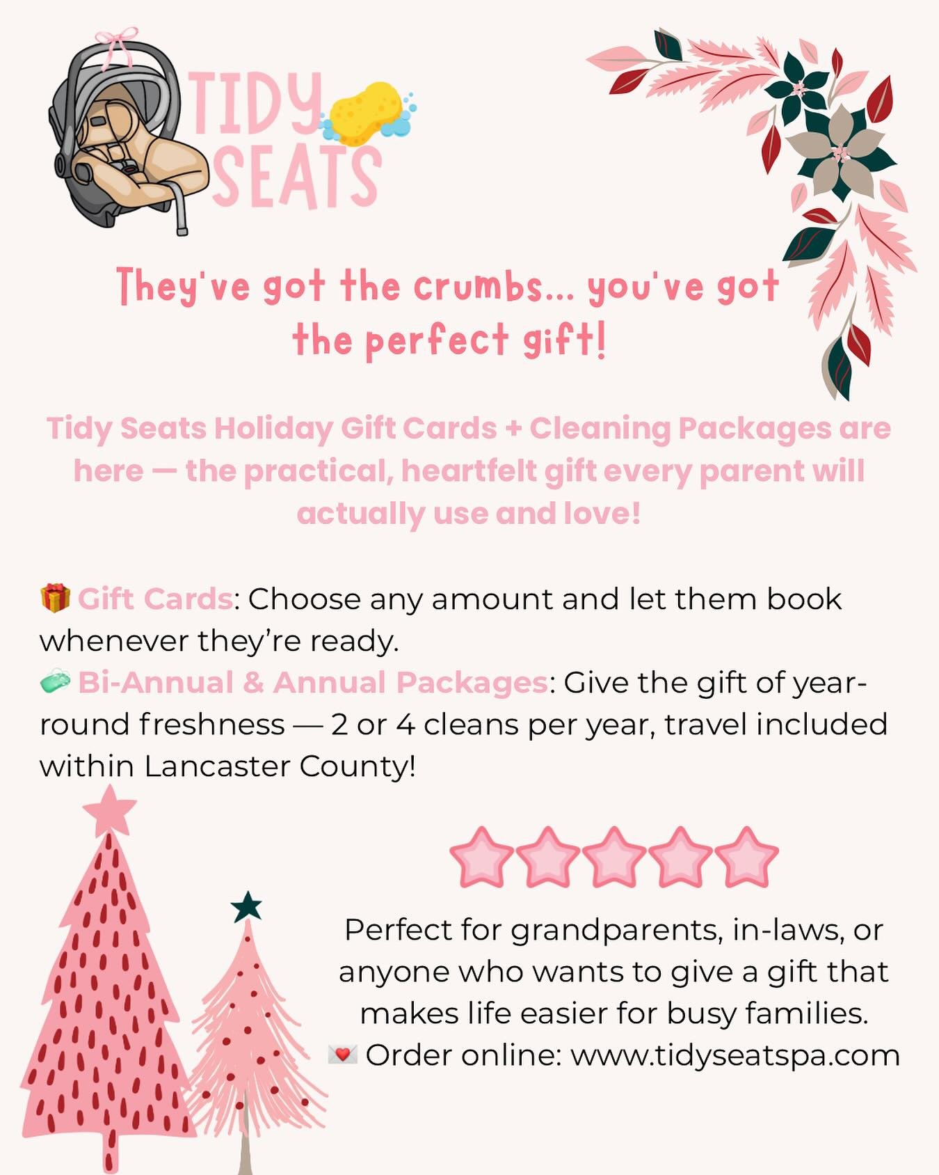 Shop small, gift big this season 🎁

Tidy Seats holiday gift cards + cleaning packages are the perfect thoughtful, local gift for Lancaster families!

💗 Annual (4 cleans/year) or Bi-Annual (2 cleans/year)
💗 Includes pickup + drop-off in Lancaster C