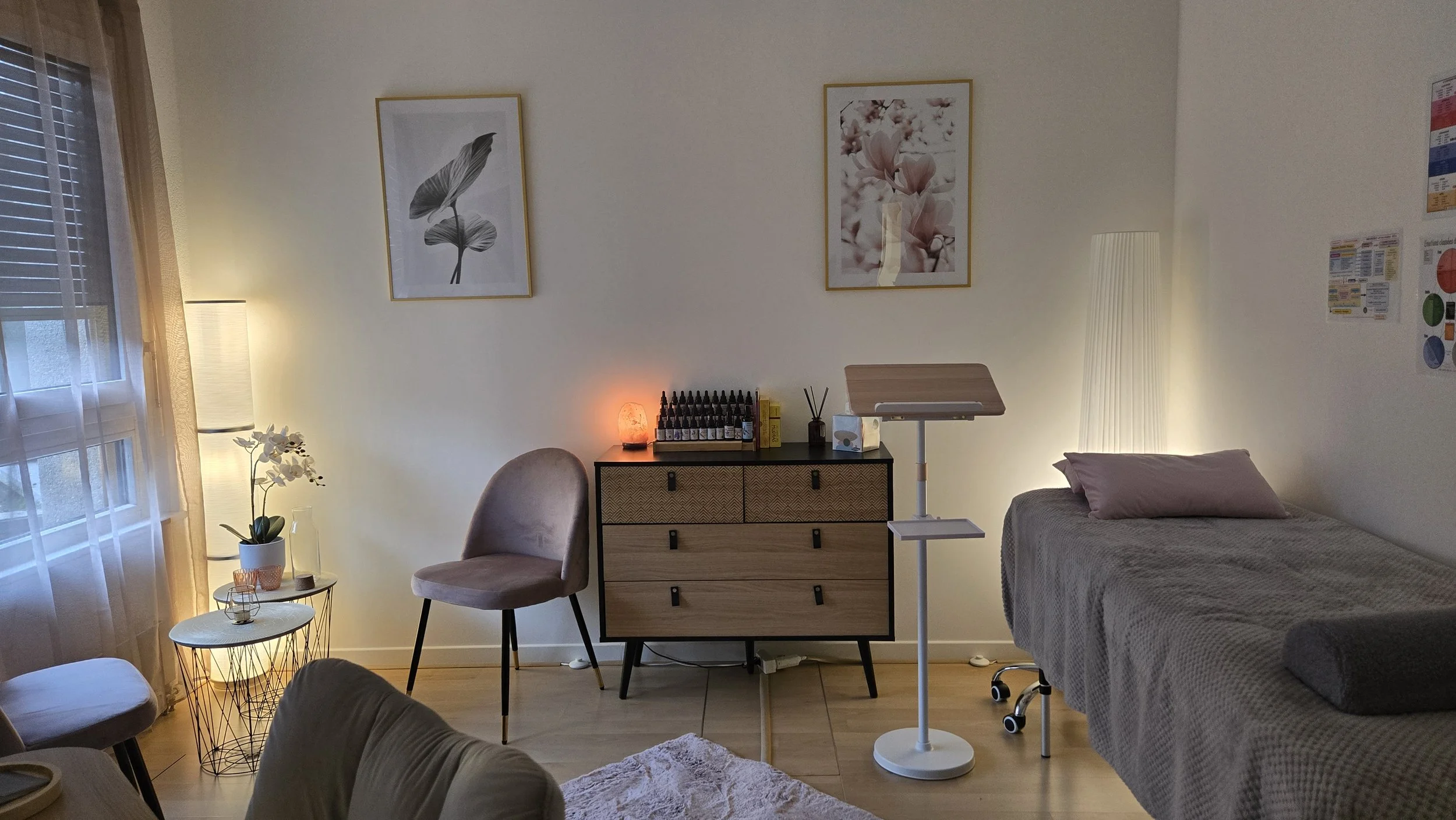 Salon avec des murs blancs, deux tableaux, une lampe, un meuble en bois avec huiles essentielles, une chaise confortable, une plante, une table d'appoint, une lampe de sol, un lit, et des posters au mur.