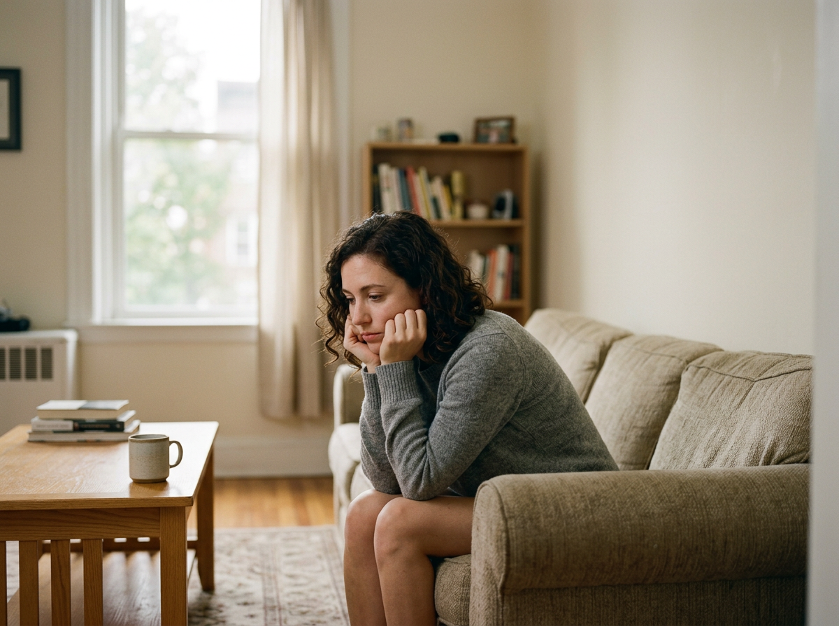 Une femme assise sur un canapé en regardant pensivement ou tristement, dans un salon.