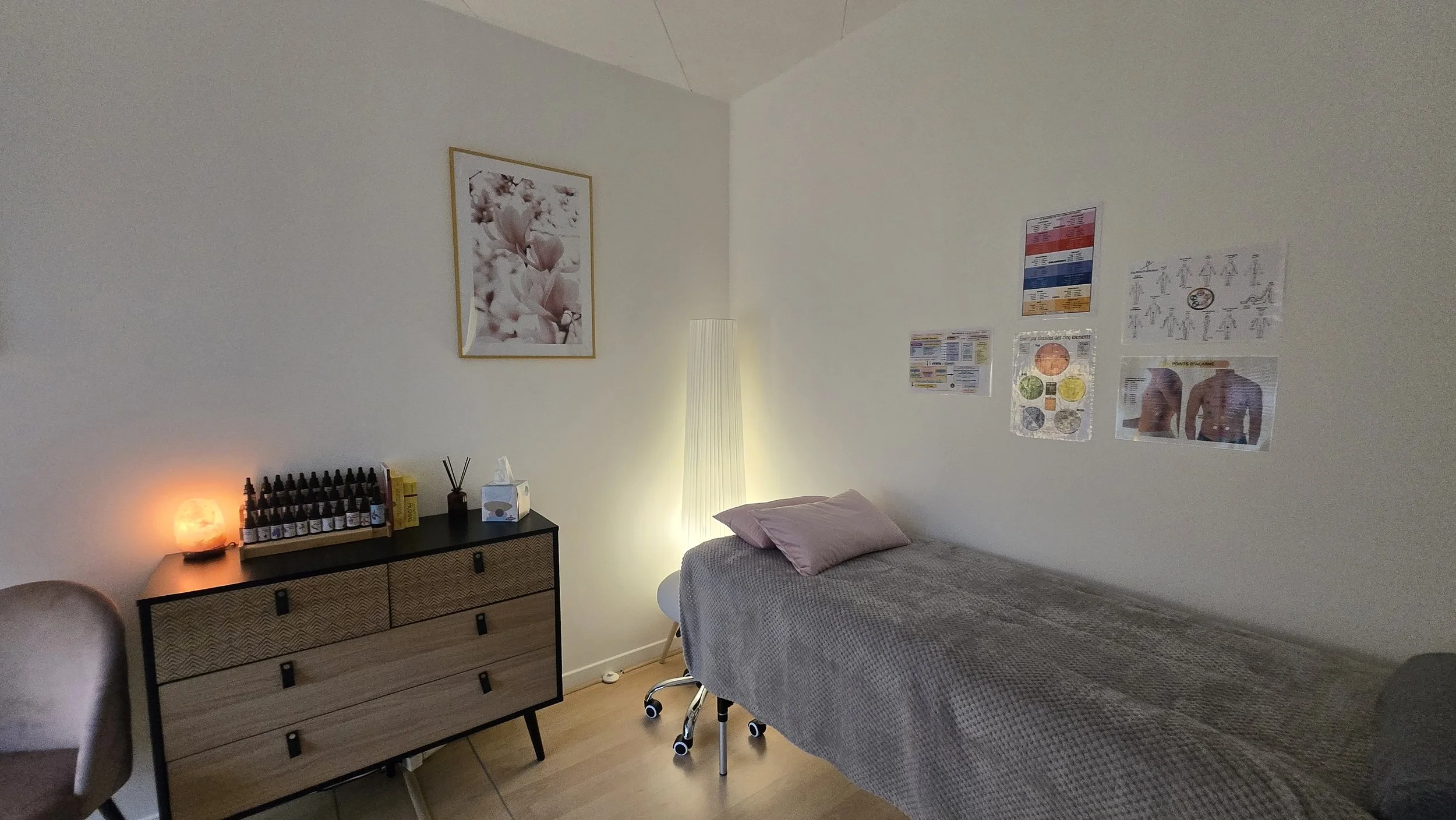 Salle de soin avec un lit d'examen, un lampadaire, un meuble noirs avec des flacons d'huile essentielle, une chaise beige, et des posters sur le mur.