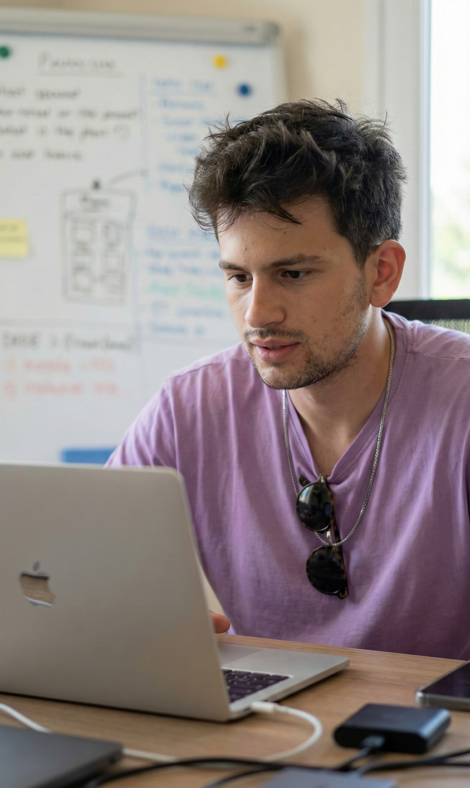 A young man with tousled dark hair and wearing a purple t-shirt looks at a silver MacBook on a desk, with sunglasses hanging from his shirt collar. The background shows a whiteboard filled with notes and diagrams.