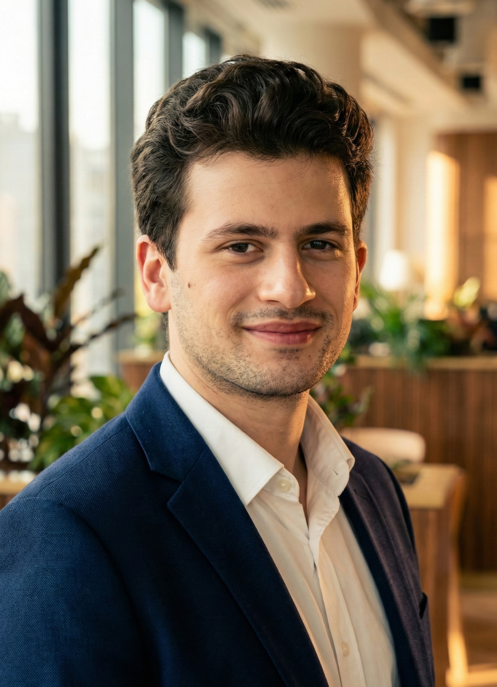 A young man with dark, wavy hair and light skin, wearing a white shirt and a navy blazer, standing indoors near large windows with plants in the background.