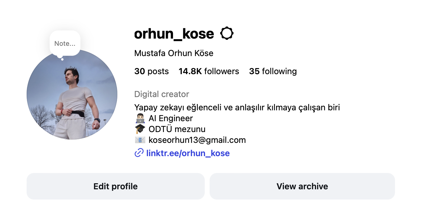 Instagram profile page of Mustafa Orhun Kose featuring a profile picture of a young man in a white t-shirt outdoors, with a clear blue sky and bare trees in the background.