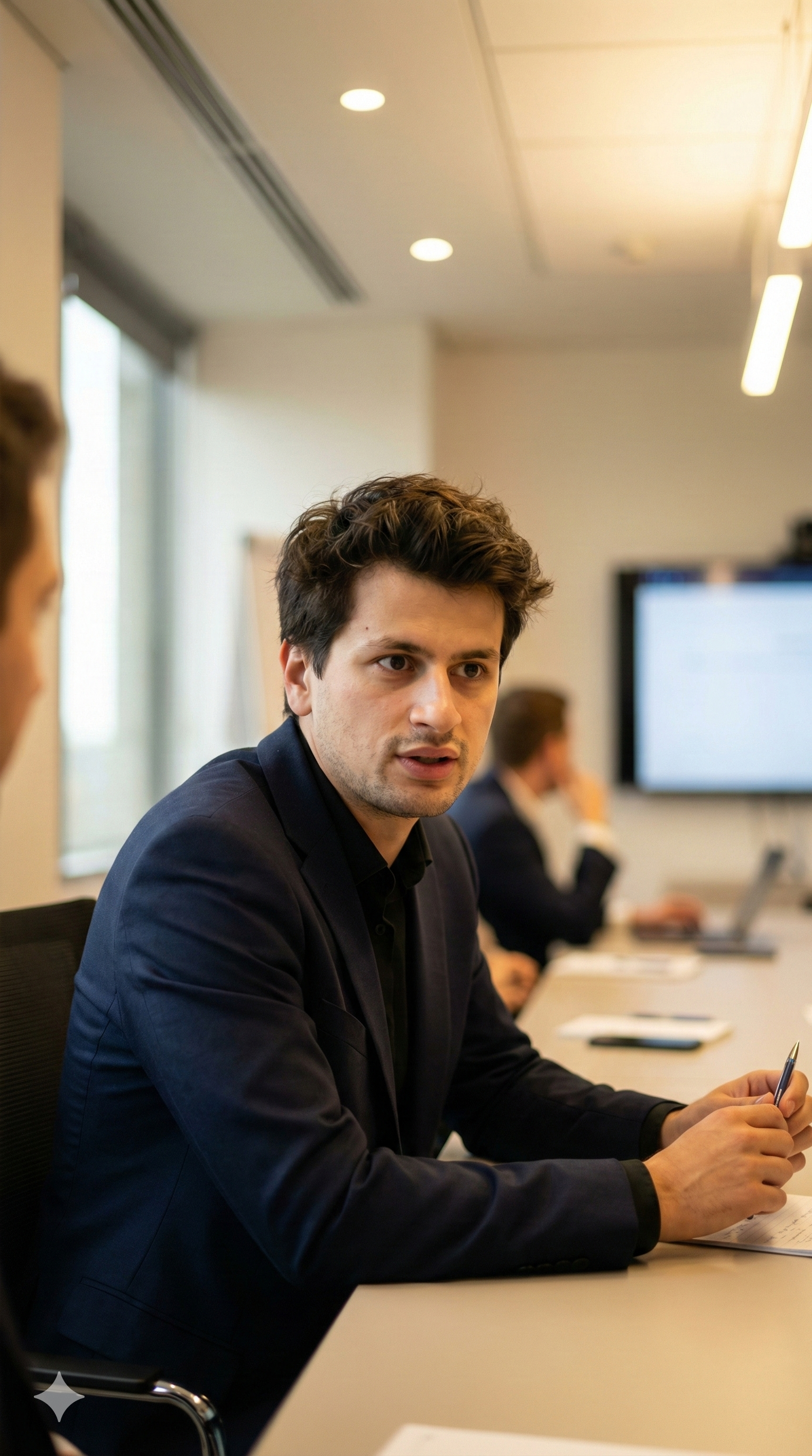 A man in a dark blazer is speaking during a business meeting in a conference room with a large screen and two other people visible in the background.