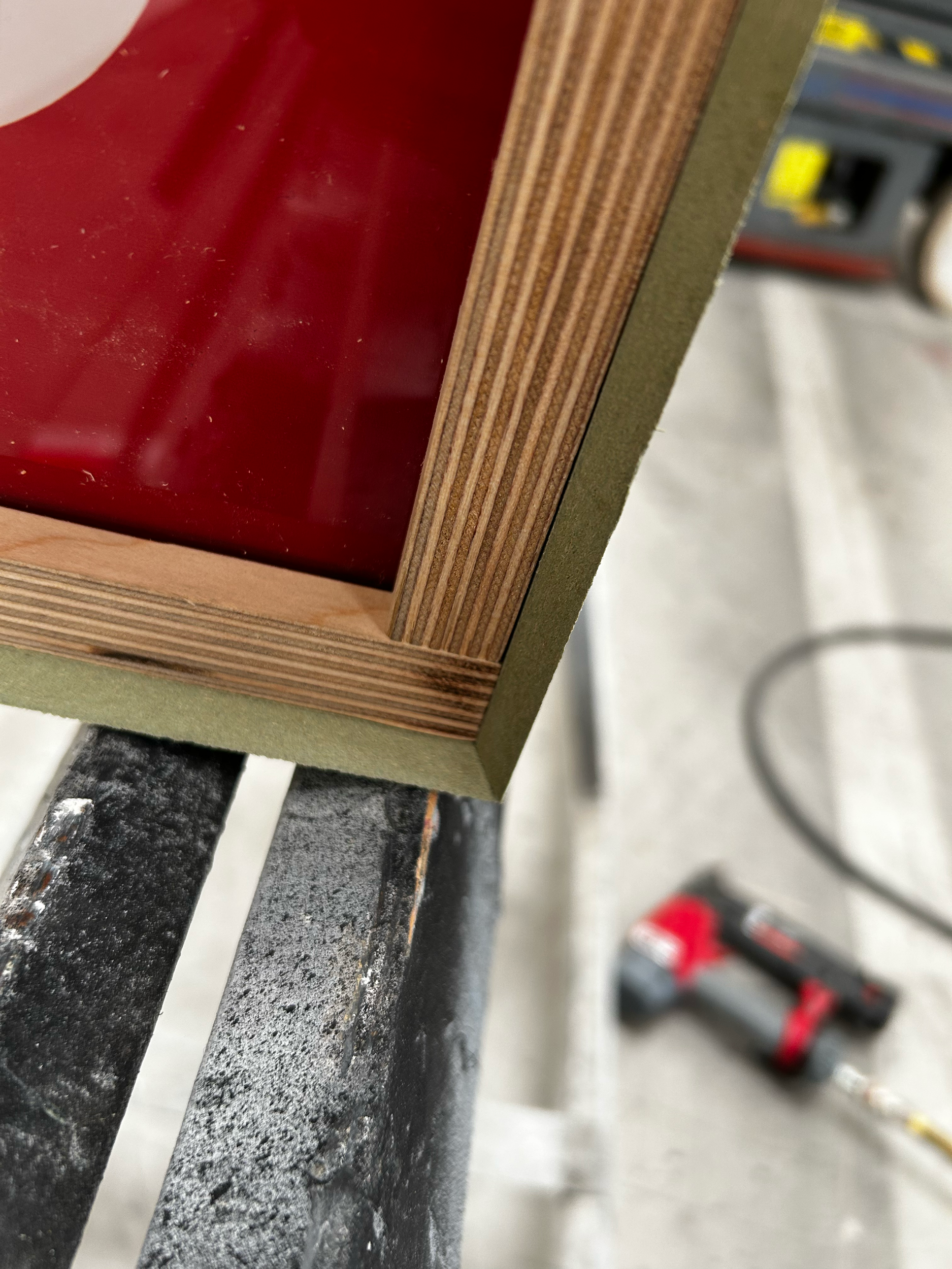Part of an 'On The Air' lightbox that I made for 'Goodnight Oscar'. It consisted of an 18mm box clad with 6mm MDF joined with mitres.