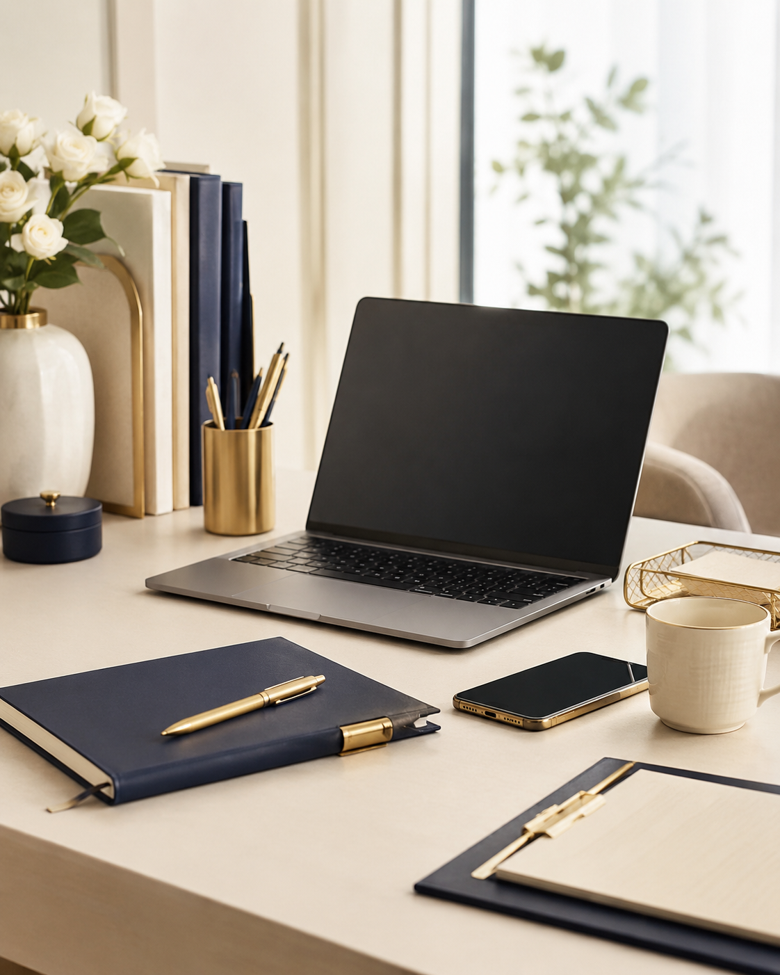 Professional virtual assistant workspace with laptop, phone, notebook, and office tools for business support