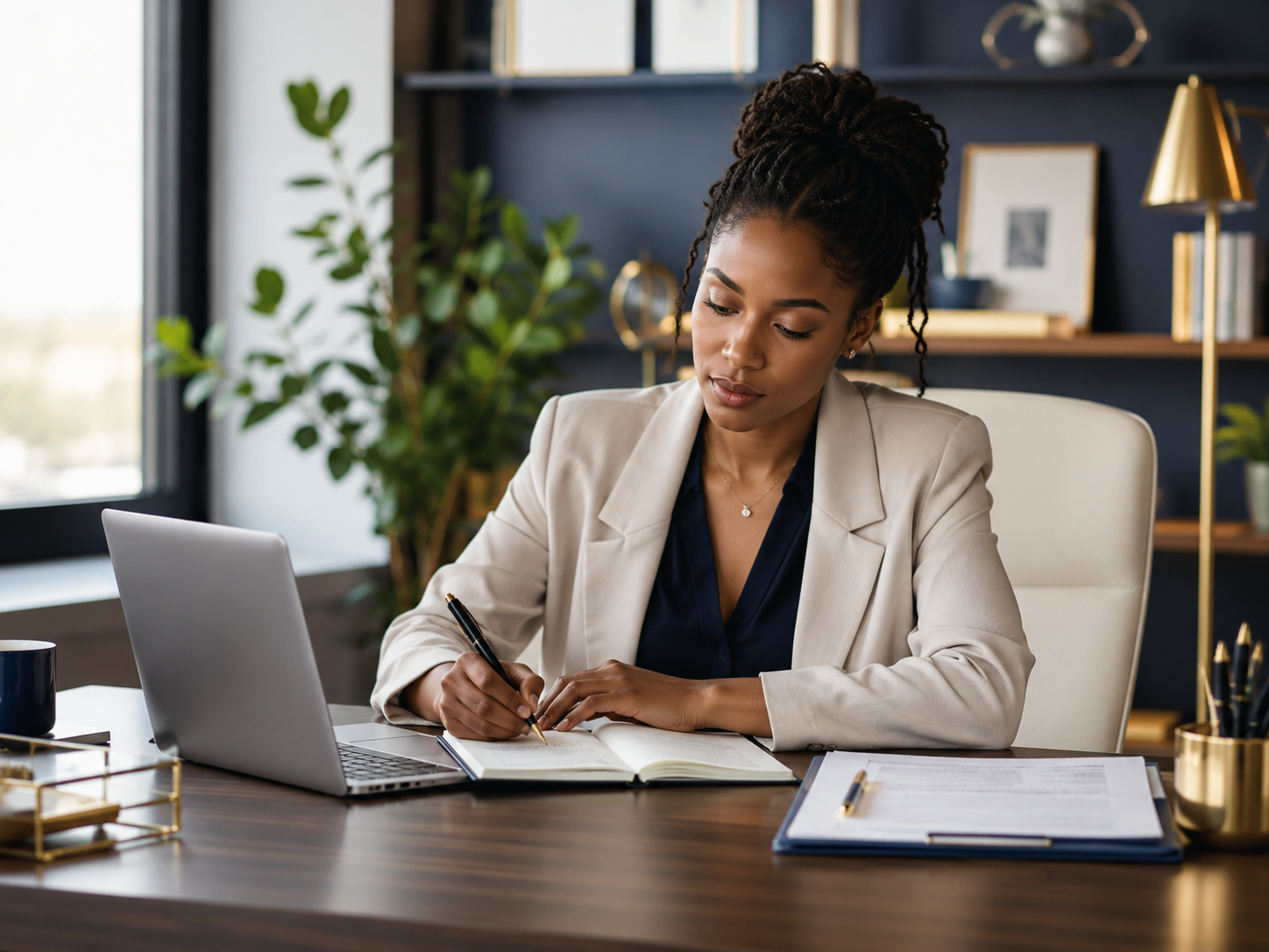 Business owner reviewing notes and planning tasks before hiring a virtual assistant