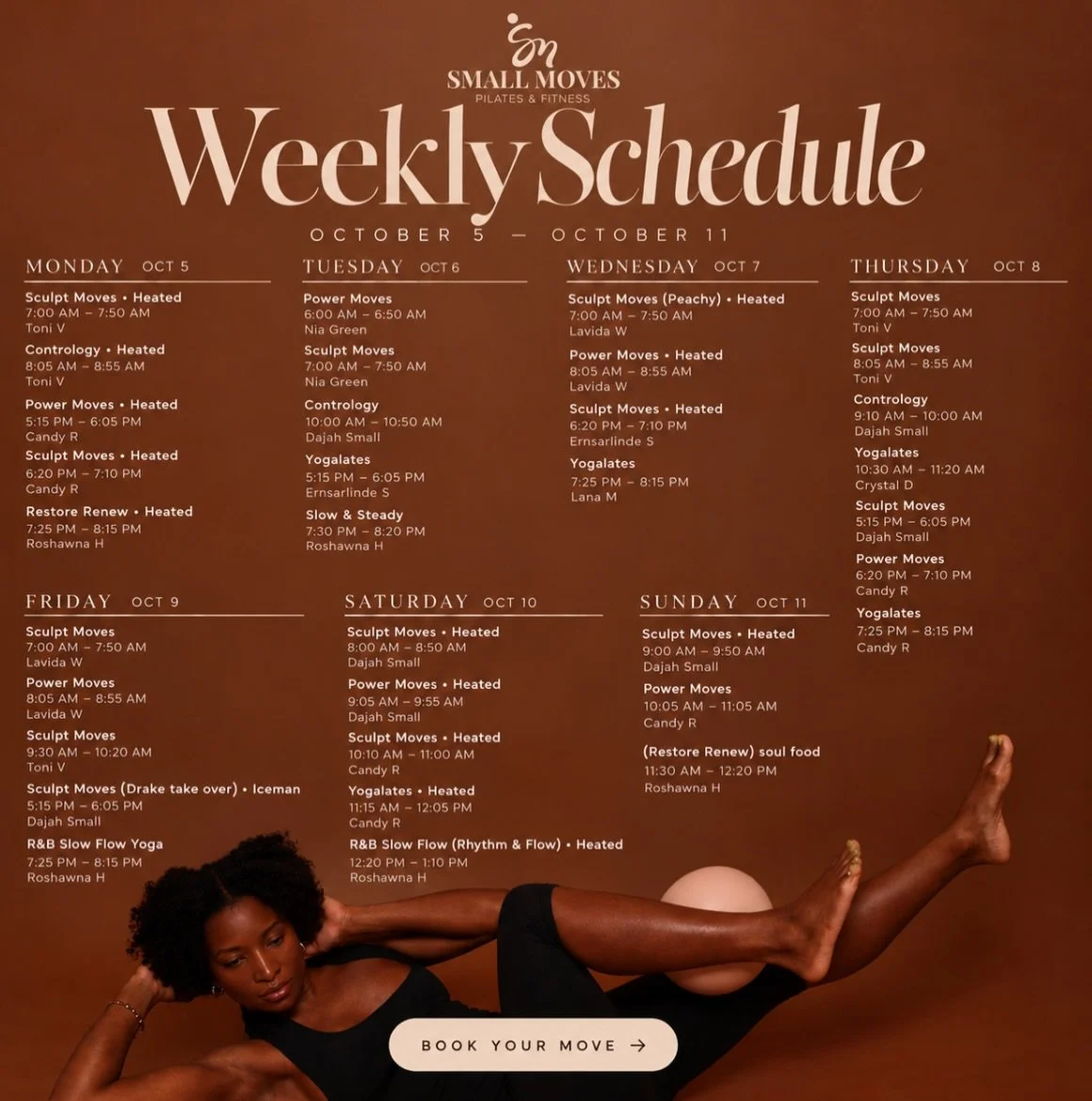 This week at Small Moves 🤎

Our weekly schedule is up, and we decided to extend our $17 classes for one more week. Use code Smallmove when booking.

Thank you to our community sponsor, and to everyone who came through, booked a class, told a friend,