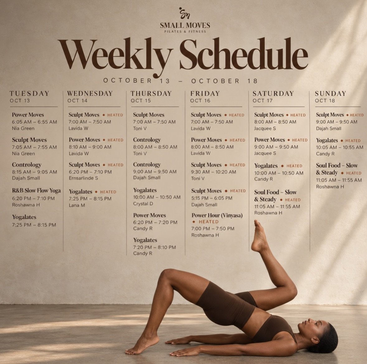 This week at Small Moves 🤎

Our weekly schedule is here! Find your class, book your spot, and we&rsquo;ll see you on the mat.

#SmallMovesPF #HealthierGardens #MiamiGardens #MiamiPilates #PilatesCommunity