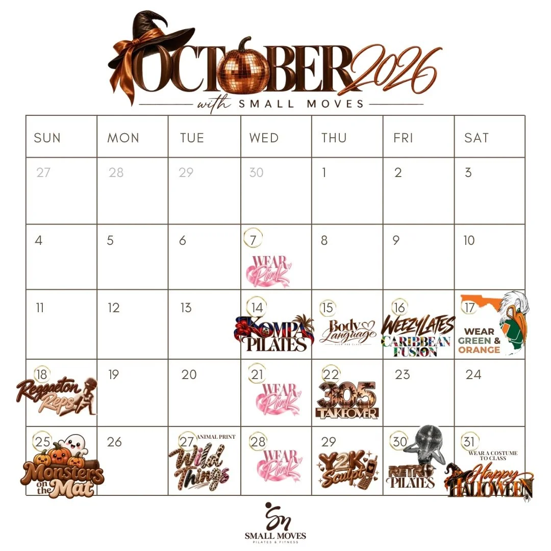 October is in full swing at Small Moves! 🤎🍂

We still have so much planned for the rest of the month, and we want you to be part of it! Check out our October calendar and save the dates. We can&rsquo;t wait to see you! 🤎

#SmallMovesPF #HealthierG