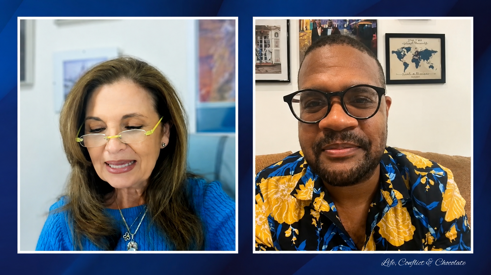 A screenshot of a virtual meeting featuring two people with the title 'Reparations' at the bottom. The person on the left is a woman with glasses and black hair, wearing a purple top, sitting in an office with bookshelves, artwork, and plants. The person on the right is a man with glasses, a beard, wearing a dark jacket and light shirt, sitting in a room with built-in cabinets.