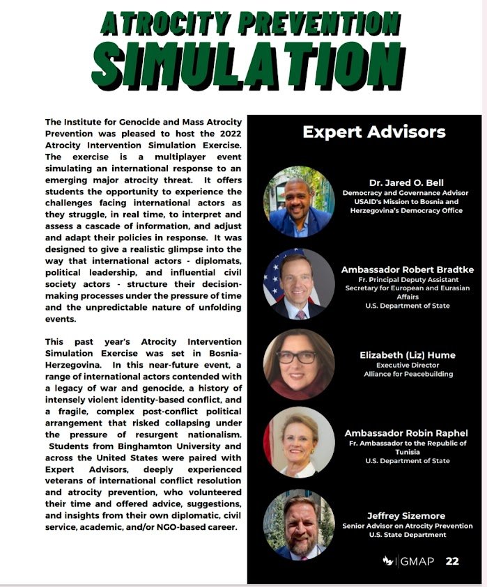Poster for a mock atrocity prevention simulation event, featuring expert advisors including Dr. Jared O. Bell, Ambassador Robert Bradtke, Elizabeth (Liz) Hume, Ambassador Robin Raphel, and Jeffrey Sizemore, outlining event details and purpose.