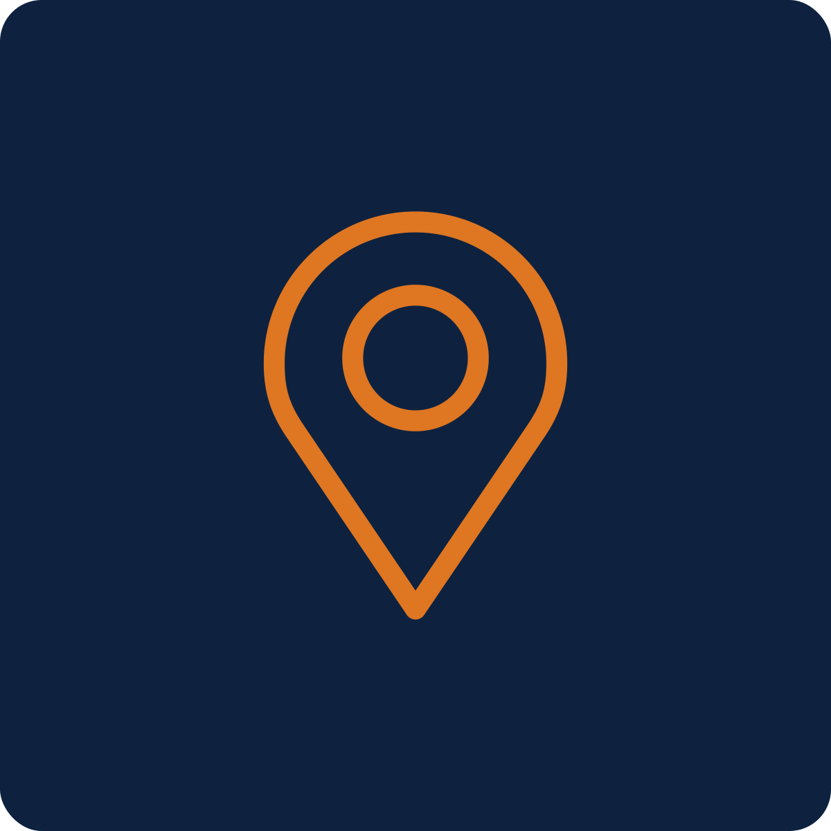 An icon of a location pin outlined in orange on a dark blue background.