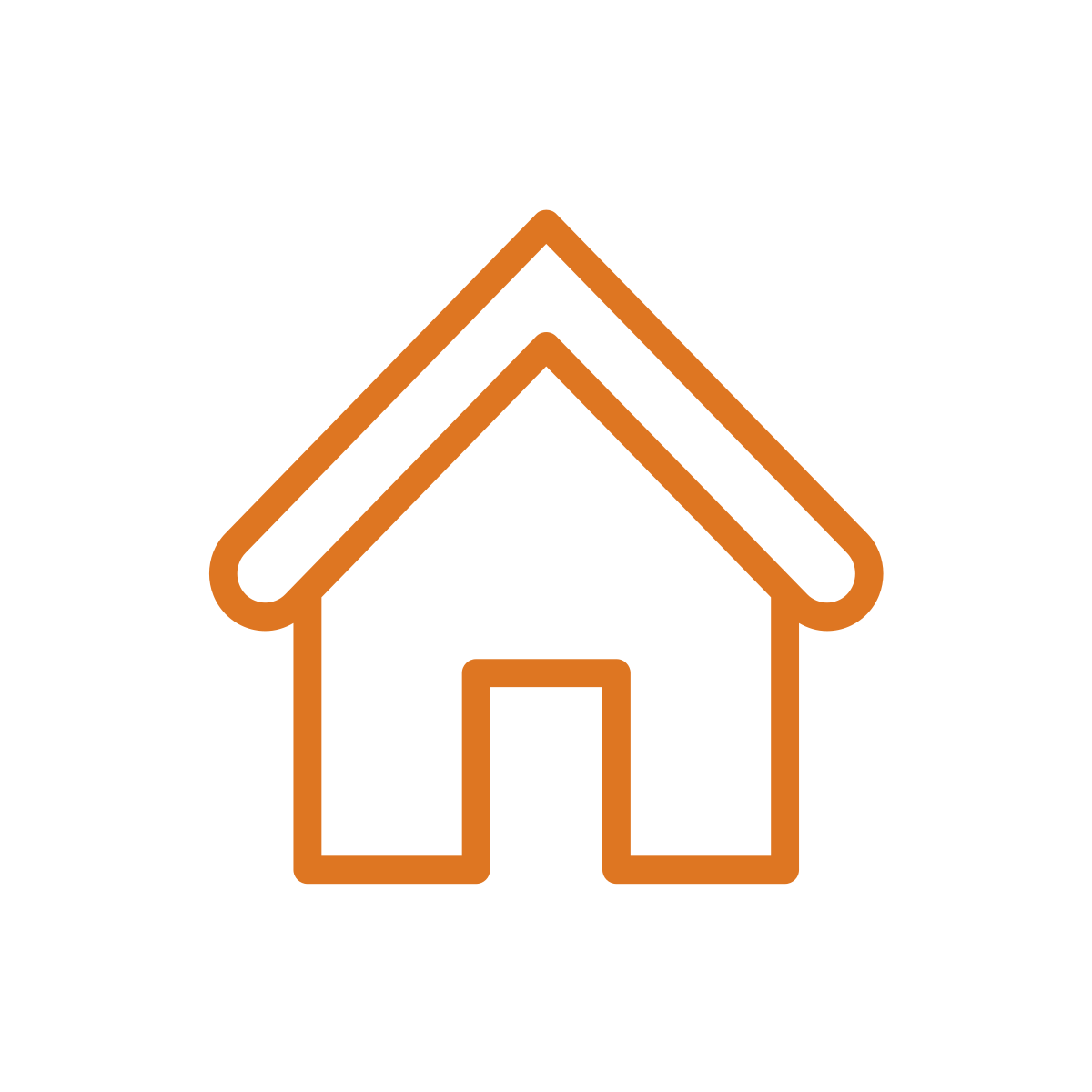 Outline drawing of a house with a sloped roof and a door.
