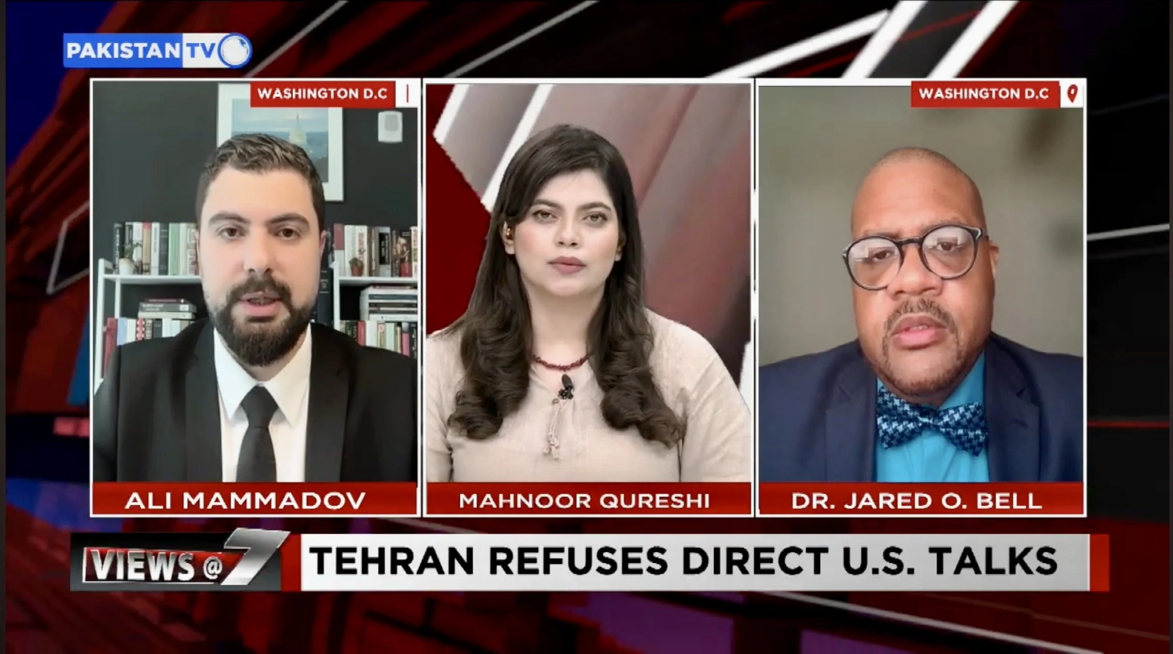 Screenshot of a TV news broadcast showing three people: Ali Mammadov, Mahnoor Qureshi, and Dr. Jared O. Bell, discussing international relations between Tehran and the U.S., with banners indicating their names and locations in Washington D.C.
