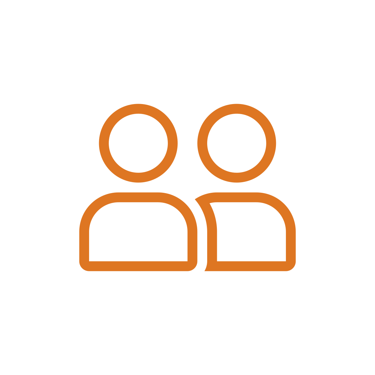 Icon of two people side by side, outlined in orange.