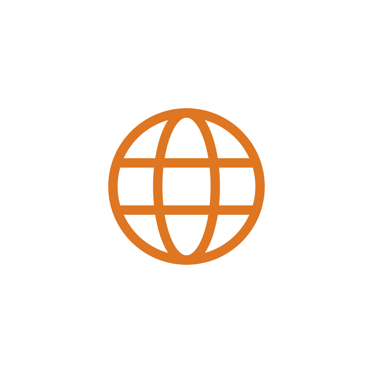 Orange globe icon with grid lines on a white background.