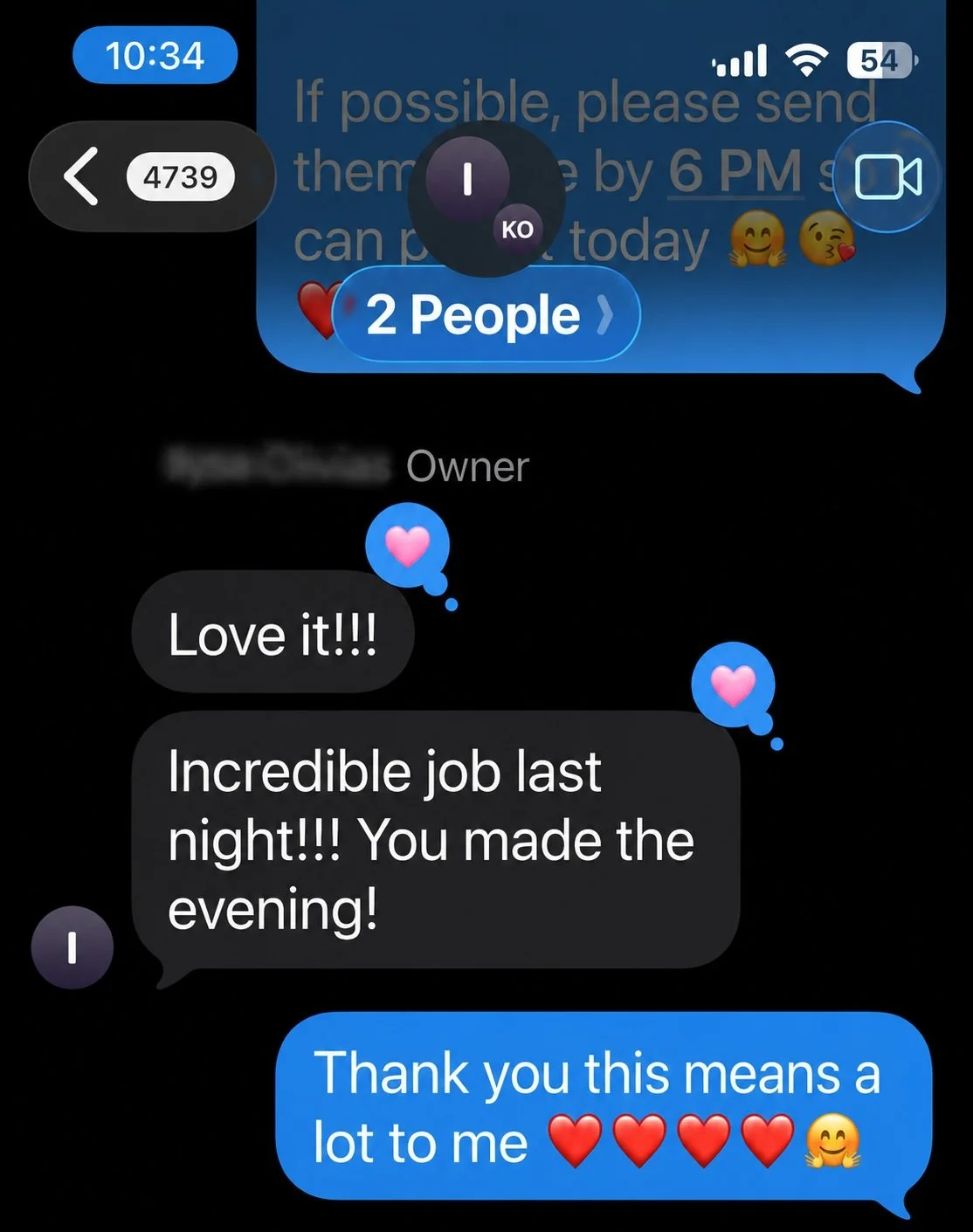 Screenshot of a text message conversation showing appreciation and praise for a job last night, with emojis of hearts and smiling faces.