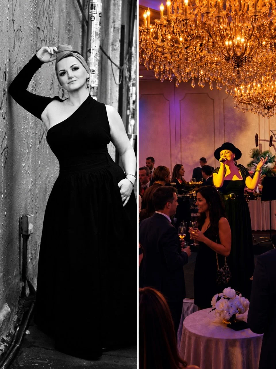 Manana Jazz, professional jazz vocalist and DJ, pictured in a portrait and performing live on stage