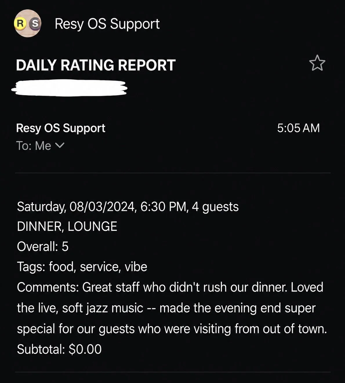 Screenshot of a reservation confirmation email for dinner and lounge at a restaurant, including date, time, guests, and comments about the experience.