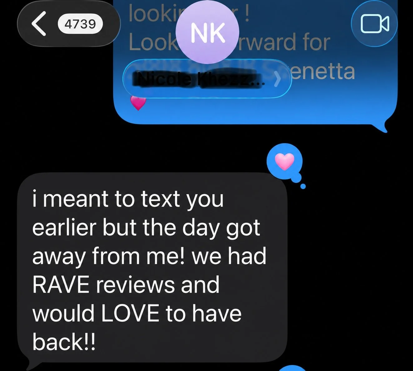 A screenshot of a texting conversation on a phone, with messages discussing plans to meet, including an apology and mentioning having had a fun night with rave reviews.